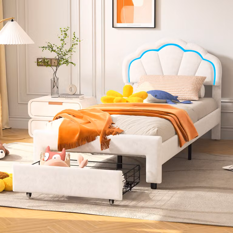 Letto imbottito ProximaX 90x200cm con cassetti, letto singolo per ragazzi con rete a doghe, letto in legno contenitore letto classico, velluto, bianco