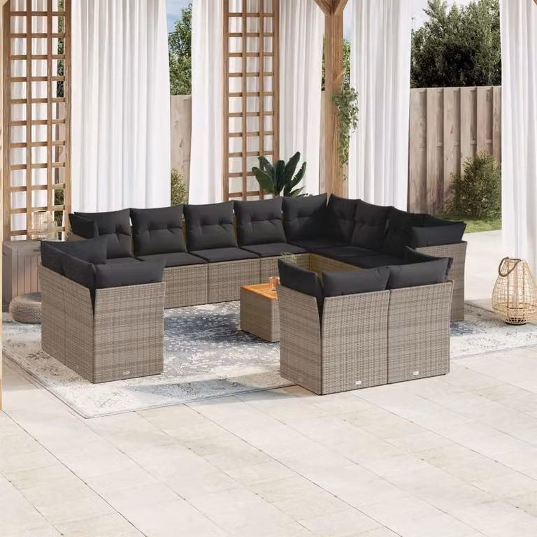 Set di divani da giardino vidaXL in polyrattan grigio con cuscini e tavolino da esterno a forma di L per 13 persone