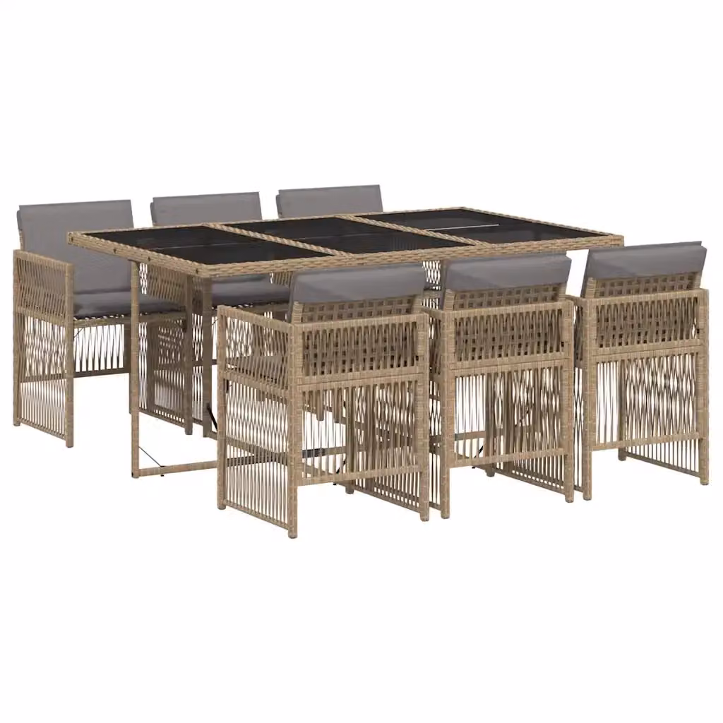 Set Pranzo da Giardino vidaXL in Polyrattan con Cuscini Beige e Piano in Vetro, 7 Pezzi – 2
