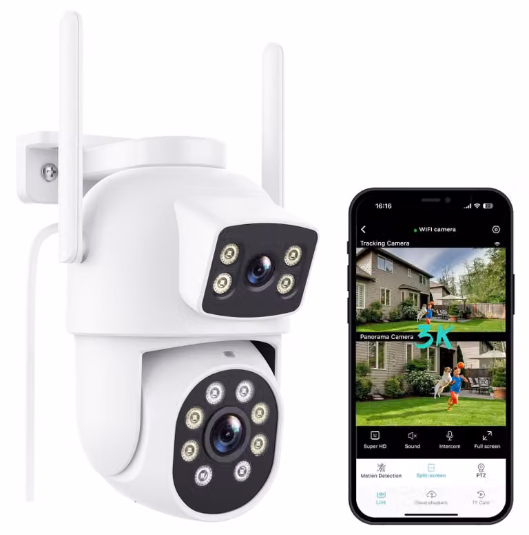 Telecamera di sicurezza per esterno - Wi-Fi - 3K - Doppia lente 360 gradi - Visione notturna a colori