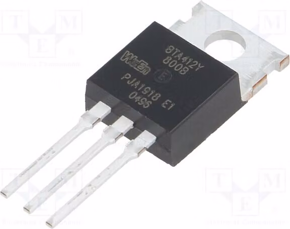 1 x Triac 800V a montaggio su piastra (THT), modello BTA412Y-800B.127. Triac con gate sensibile, corrente di gate di 50mA, corrente nominale di 12A