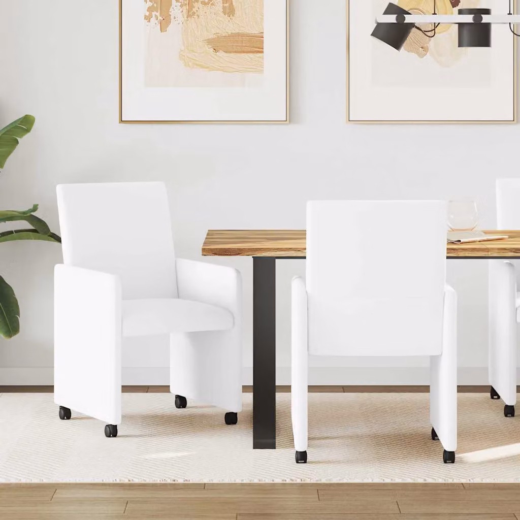 Set di 2 sedie da pranzo vidaXL con ruote e braccioli in pelle sintetica bianca, L/P/H: 57 x 66 x 94 cm