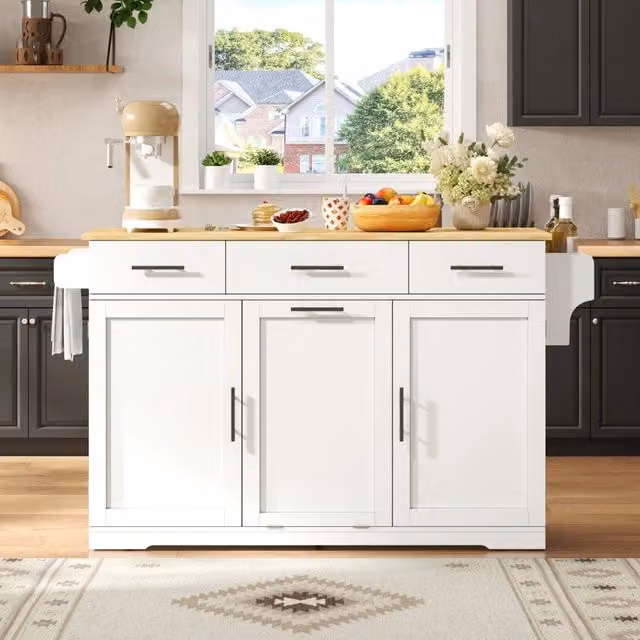 Desviae Carrello da cucina piano pieghevole MDF con 3 cassetti, vano pattumiera, prese USB, ruote bloccabili bianco naturale
