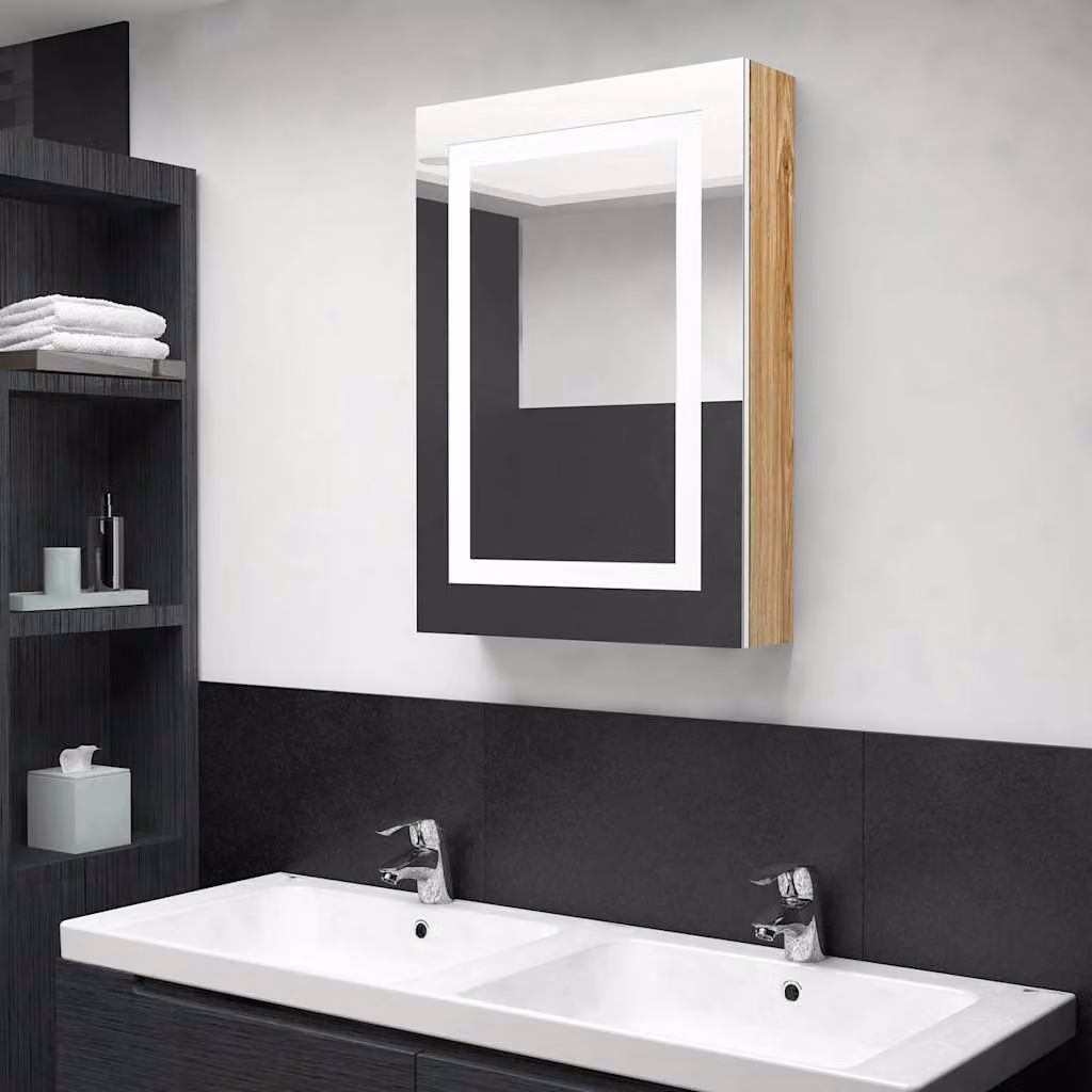 Armadietto da bagno con specchio e illuminazione LED vidaXL, Bianco e Rovere, L 50 cm x P 13 cm x H 70 cm – 1