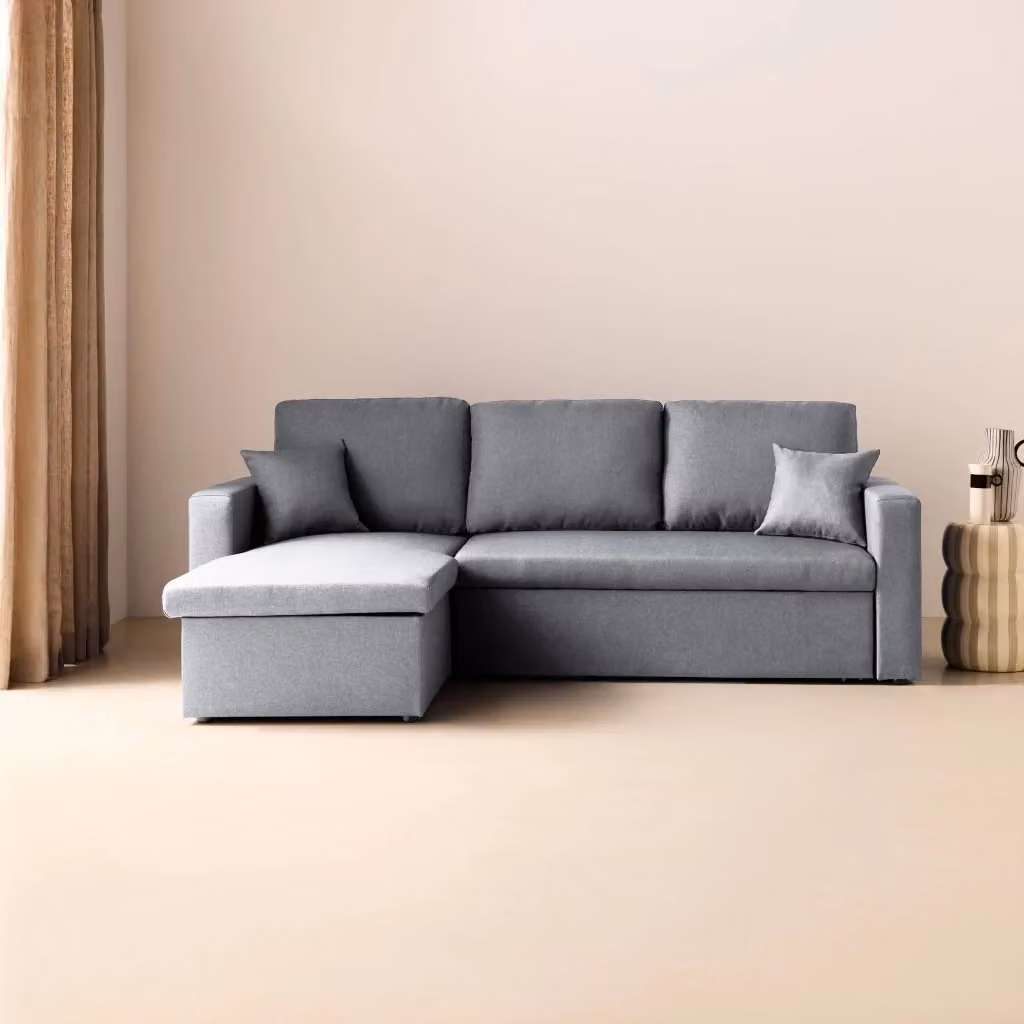 Divano letto angolare reversibile Sweeek in tessuto grigio con contenitore e cuscini inclusi, 3 posti, L/P/H: 219 x 84 x 81 cm – 2