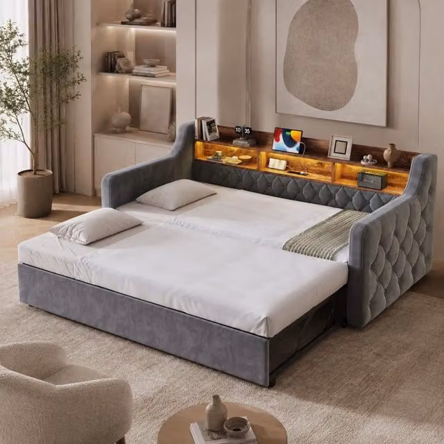 Divano letto estraibile 90x190 cm in velluto con braccioli, testiera in legno con spazio contenitivo, illuminazione LED e porte USB & Type-C, rete a doghe, ideale per soggiorno e camere ospiti grigio scuro