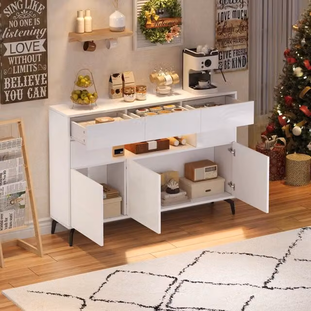 Madia da soggiorno con 3 cassetti 5 vani e LED controllabile tramite app frontali lucidi MDF bianco 140 × 30 × 82 cm