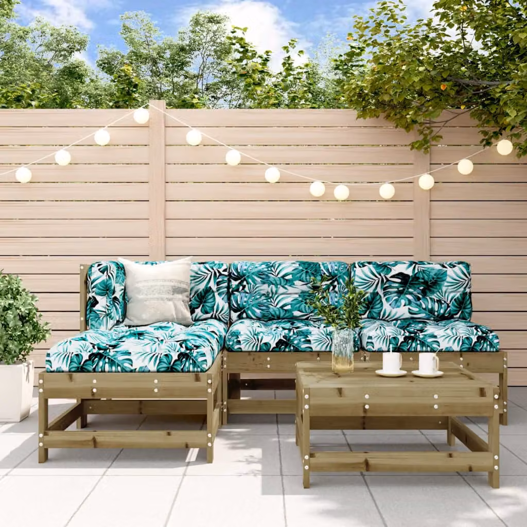 Set Divani da Giardino vidaXL a Forma a L con Cuscini, Legno di Pino Trattato, Colore Marrone e Verde