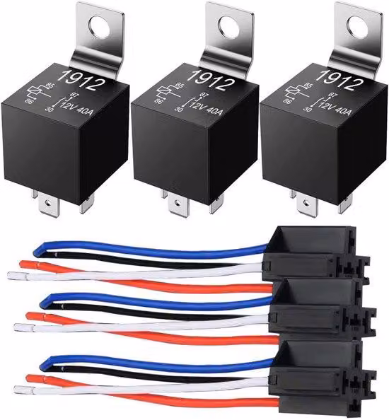 Set da 3 relè per auto da 12 V, 40 A, CC, 4 poli, SPST con cablaggio - Set di relè con fili in rame per impieghi gravosi per auto, camion e barche a motore