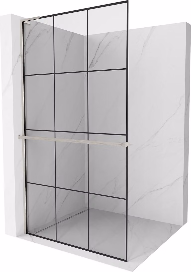 Mexen Kioto+ L pannello doccia con mensola Walk-in 110 x 200 cm, griglia nera, nichel spazzolato - 800-110-123-97-77