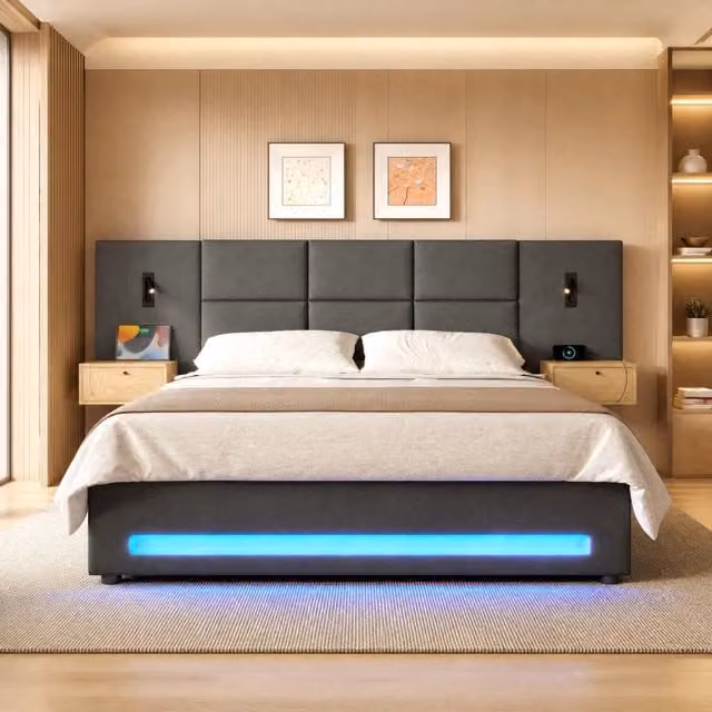Letto imbottito 180x200 cm in velluto grigio scuro con contenitore idraulico; LED e USB-C