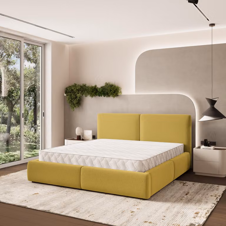 Letto imbottito Masseno FELURO 140x200 cm, letto imbottito con cassettiera -Giallo, SORO 40