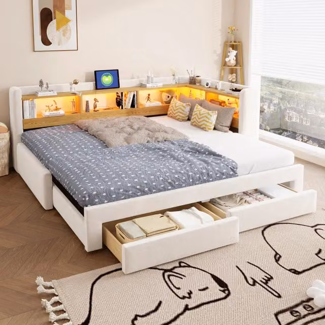 Desviae Letto estraibile 3 in 1 90 × 200 cm a L con cassetti LED e presa integrata rivestito in tessuto beige