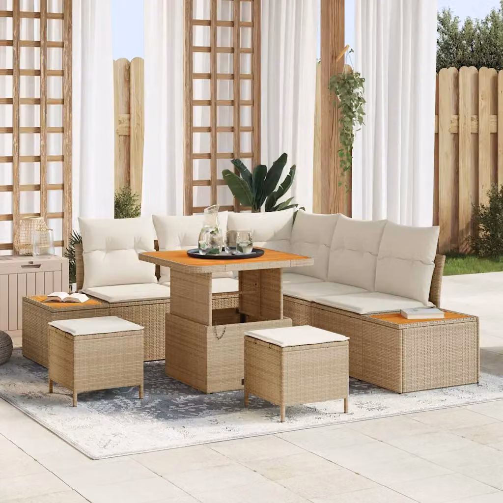 Set Divano da Giardino vidaXL 8 Pezzi con Cuscini Beige in Polyrattan e Acciaio con Tavolino e Ottoman – 1