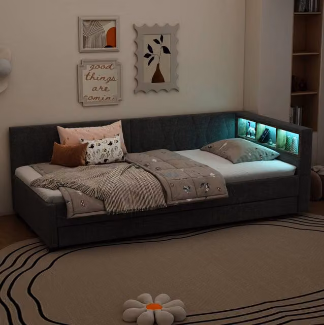 Letto da giorno 90x200 cm estraibile con vani portaoggetti; USB e LED in lino e MDF