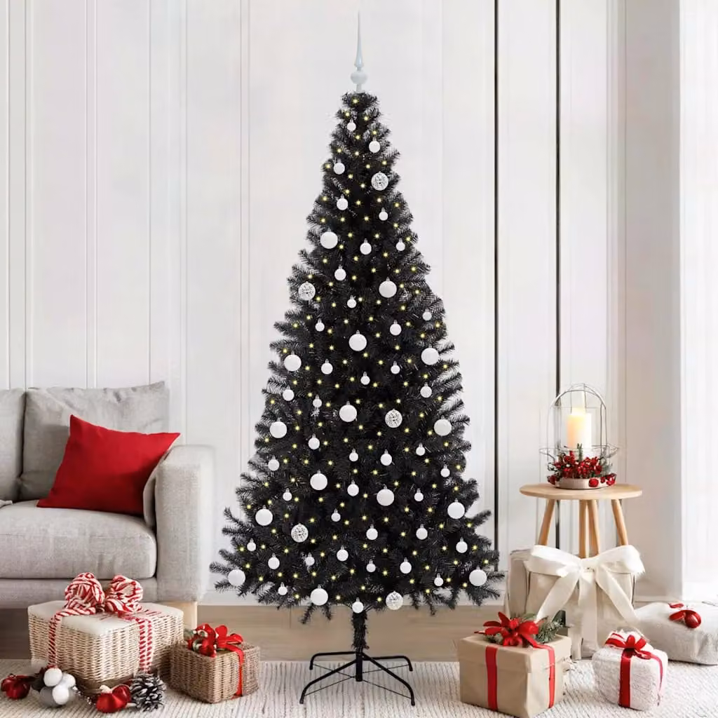 Albero di Natale moderno vidaXL nero con luci LED bianco caldo in PVC, Altezza: 210 cm