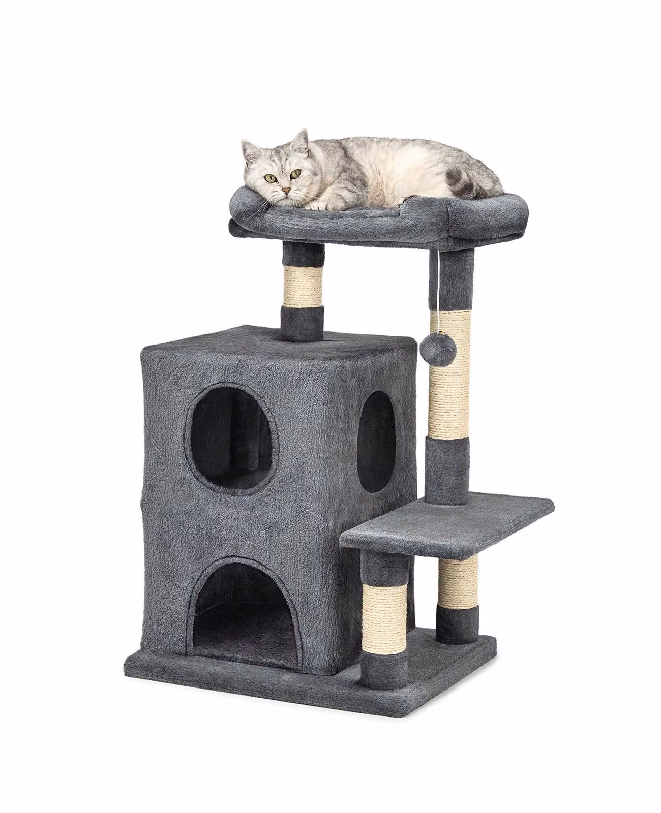 tiragraffi lionto per gatti 80 cm, con 2 grotte, giaciglio e palla da gioco, paletti in sisal per la cura degli artigli, grigio scuro