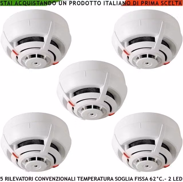 Set di 5 sensori di temperatura Securvera con soglia fissa a 62°C, rilevatori termovelocimetrici convenzionali per antincendio con uscita LED di stato, colore bianco