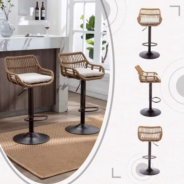 Sgabelli da bar in rattan girevoli e regolabili in altezza - Zephmum - Set di 2, moderno, per cucina e soggiorno (Beige)