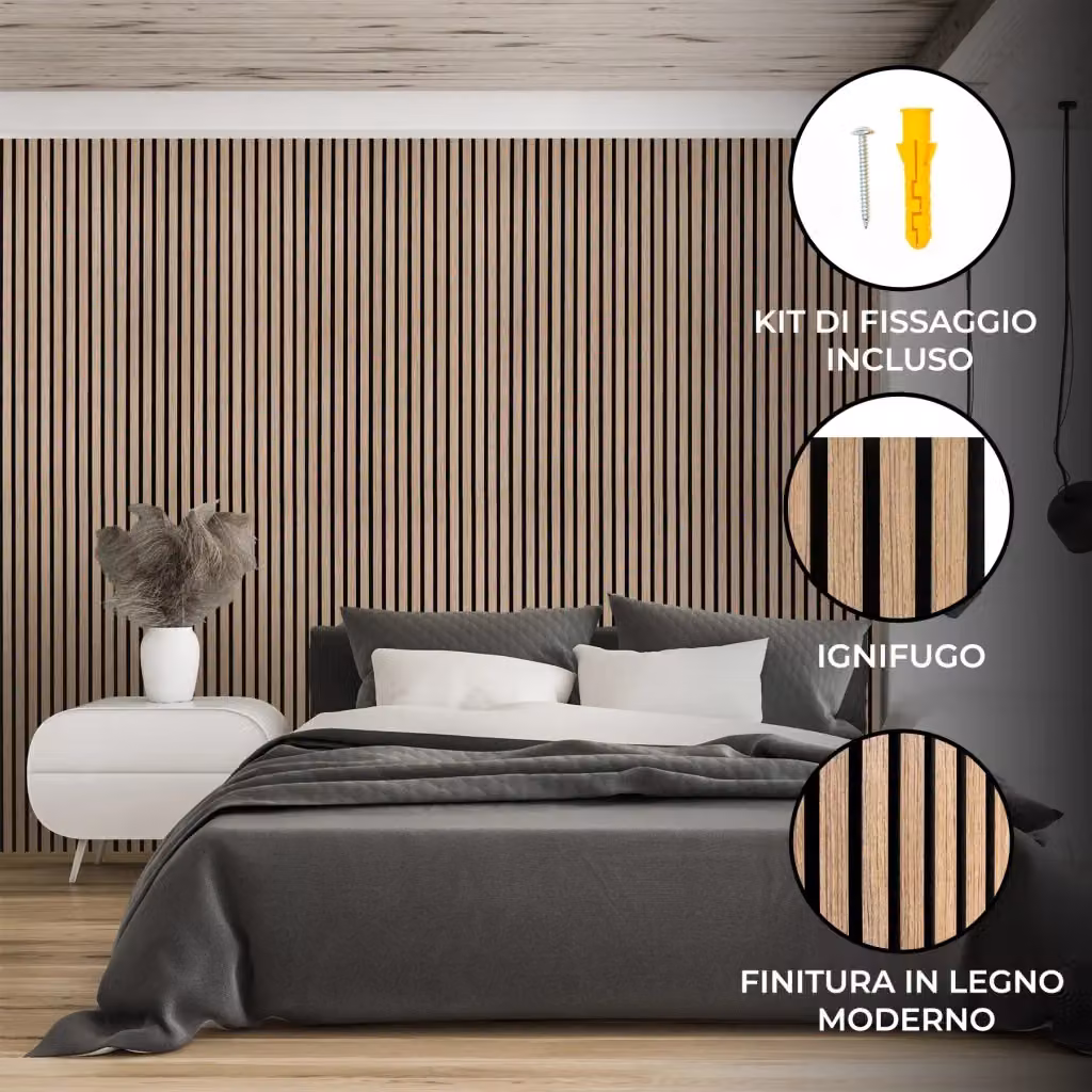 Set di 3 Pannelli Fonoassorbenti 3D con Doghe in Legno Colore Noce Chiaro, Montaggio a Parete, L: 60 cm, H: 240 cm – 2