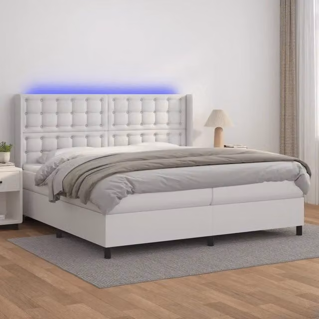 Letto a giroletto con molle e materasso vidaXL, colore bianco, rivestimento in similpelle e tessuto, con illuminazione LED sottostante e porta USB, L/P: 200 x 200 cm – 1