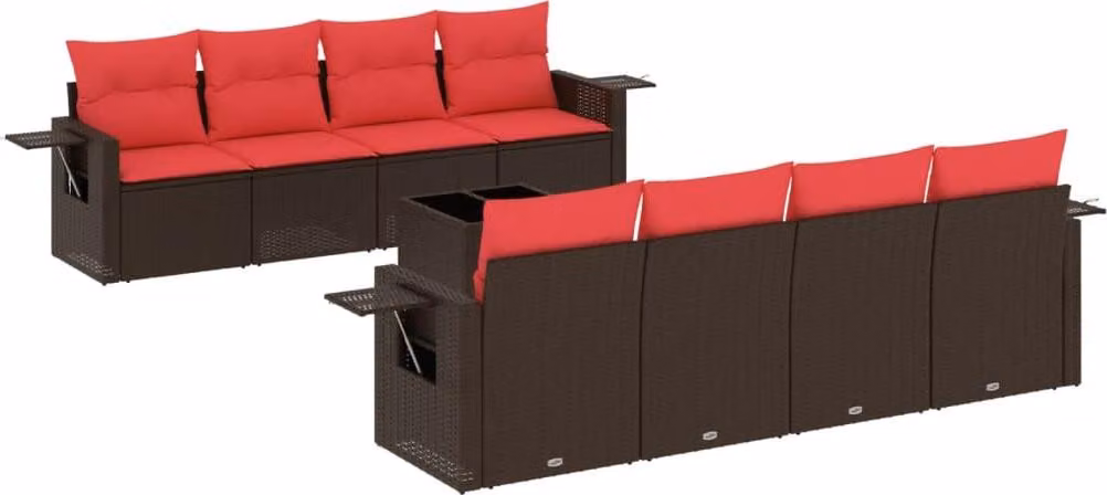 Set Divani da Giardino 9 pz con Cuscini Marrone in Polyrattan