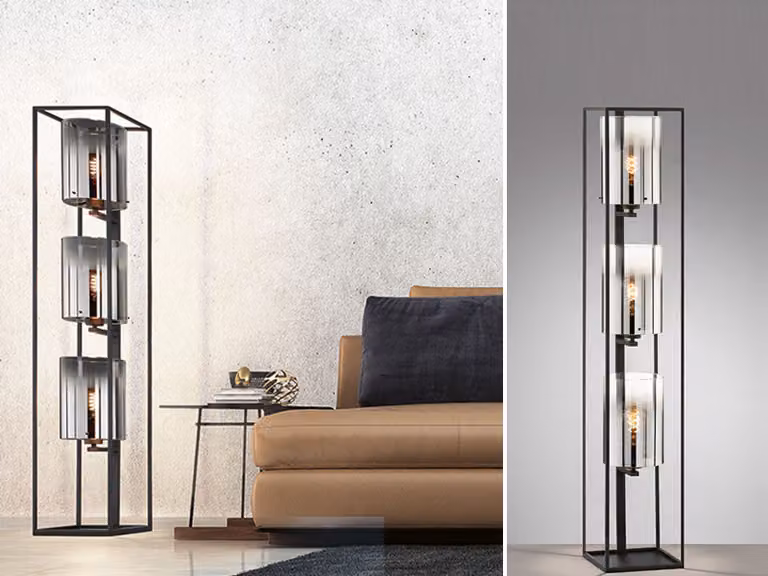 Lampada da terra a 3 luci in vetro nero fumé con LED dimmerabile - lampada da terra insolita