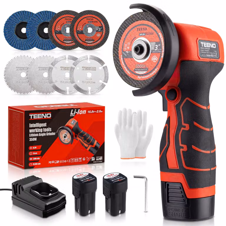 Smerigliatrice angolare compatta, senza fili, diametro disco da 76 mm, 8 dischi, 2 batterie