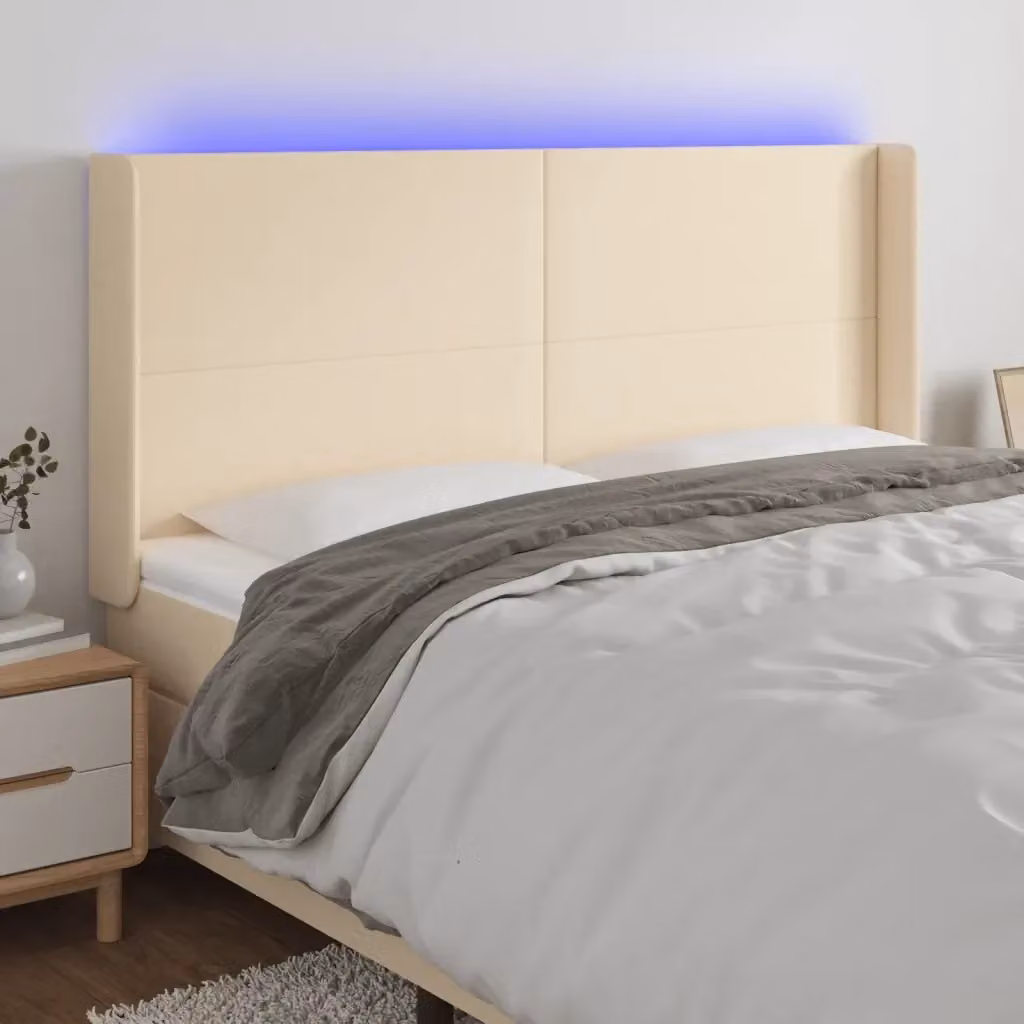 Testata del letto con illuminazione LED e porta di ricarica USB in tessuto beige L: 183 cm, P: 16 cm, H: 118/128 cm – 2