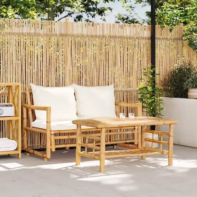 Set di divani da giardino 2 pezzi con cuscini in bambù 365870