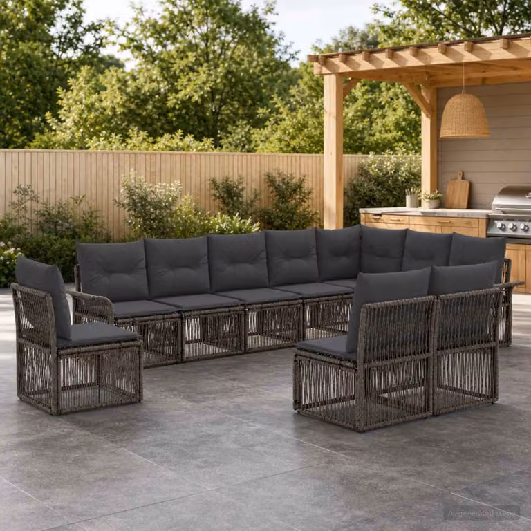 Set Divano da Giardino vidaXL a forma a U in Polyrattan Grigio con 10 Pezzi e Cuscini Inclusi