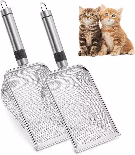 Set per la pulizia del giardino in acciaio inossidabile con manico, setaccio da 2 mm per la pulizia del giardino e della lettiera per gatti, set composto da 2 pezzi.