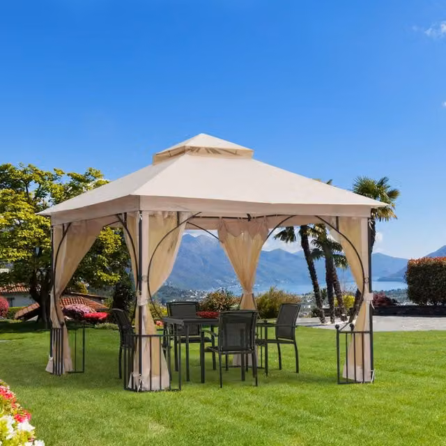 Gazebo da giardino REDOM con doppio tetto in metallo e poliestere, beige, L/P/H: 295 x 295 x 275 cm – 1