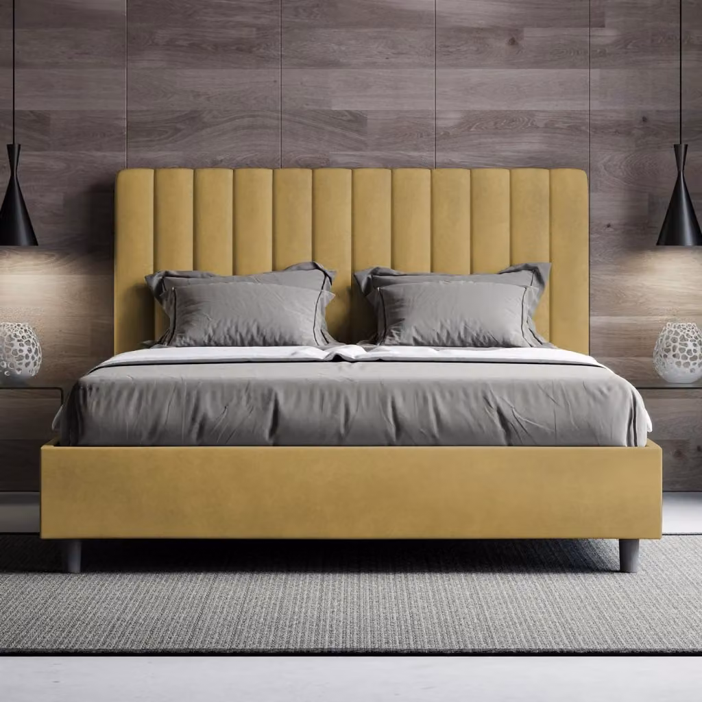 Letto Matrimoniale Moderno GIORDANOSHOP con Cassetti e Struttura Imbottita in Legno Giallo L: 140 cm, P: 200 cm, H: 122 cm – 2
