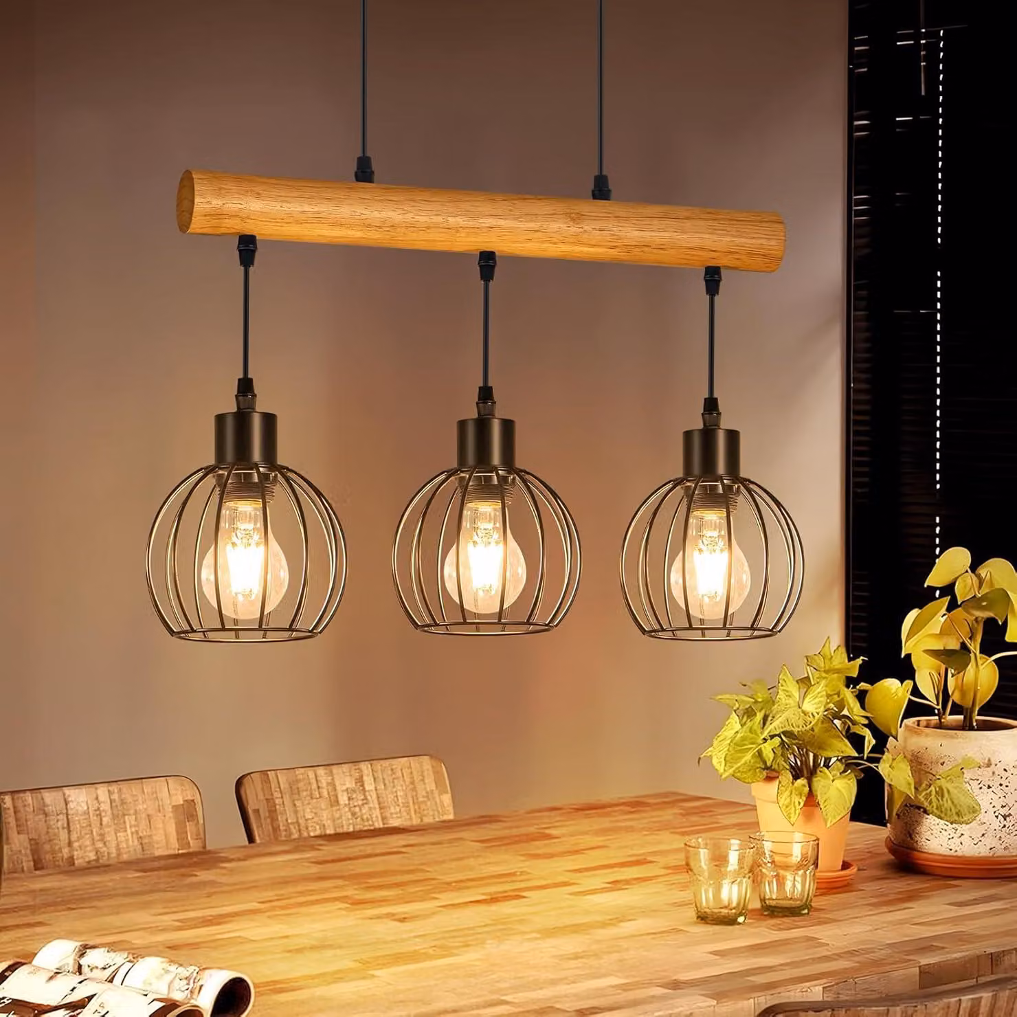 ZMH Lampada a sospensione in legno a 3 luci Lampada a sospensione per tavolo da pranzo, nera, stile retrò, lampada da tavolo regolabile in altezza per sala da pranzo, cucina, soggiorno e bar