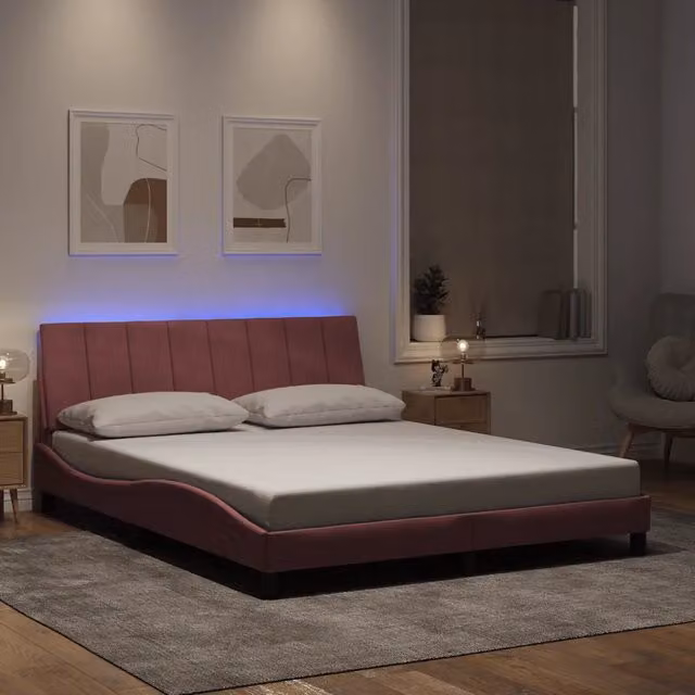 Letto Hanko vidaXL in velluto rosa con illuminazione LED e porta di ricarica USB, L 160 x P 200 cm