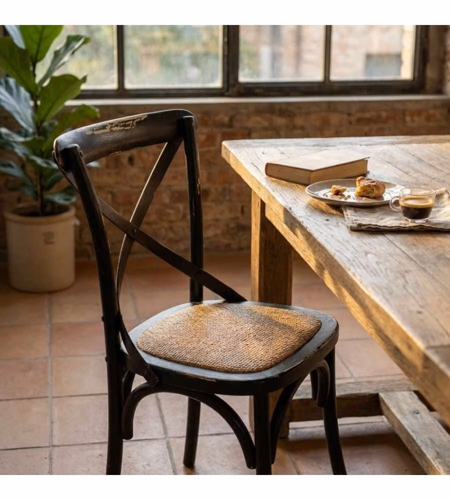 Sedia Cosma Cross in legno e rattan nera per cucina o giardino in stile rustico L: 42 cm, P: 42 cm, H: 87 cm – 1