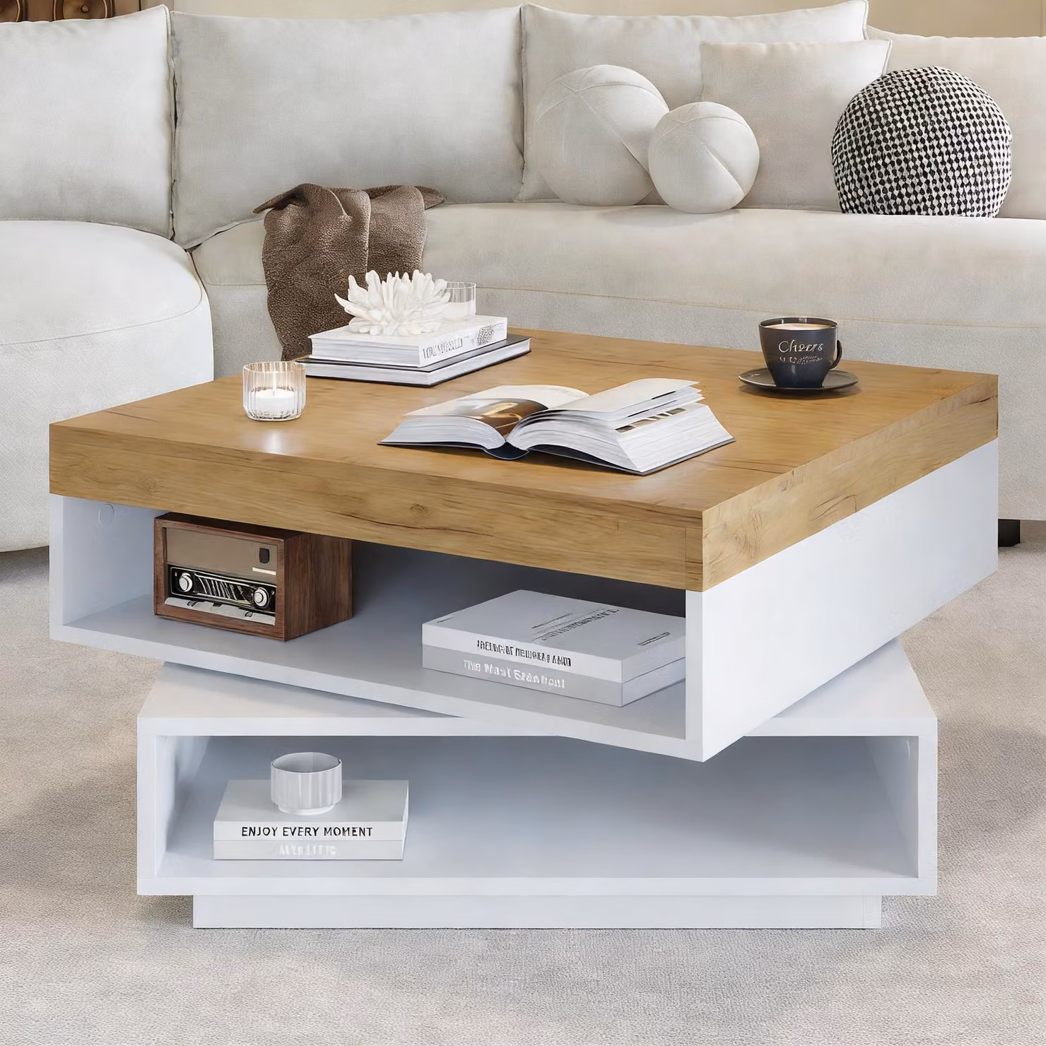 Tavolino da divano, 65x65x40 cm, quadrato, girevole a 360°, con illuminazione LED, spazio di stoccaggio integrato, tavolino laterale, ideale per piccoli ambienti