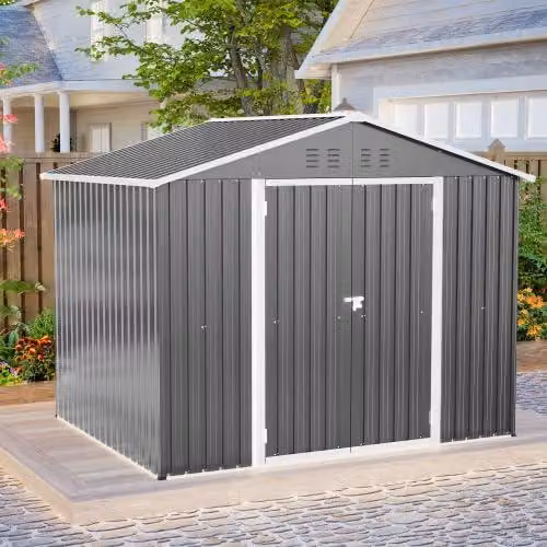 Capanno per attrezzi in metallo, colore antracite, dimensioni 8x6 piedi, con ampia porta a battente | Capanno da giardino resistente agli agenti atmosferici, realizzato in acciaio zincato, con serratura, resistente alla ruggine e ideale come deposito per