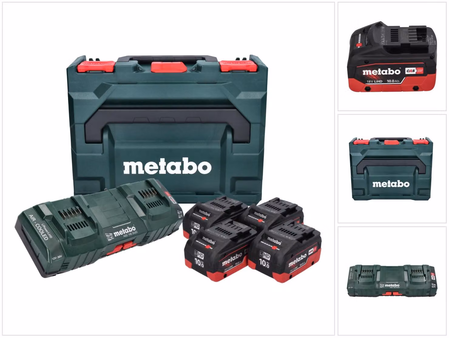 Kit base Metabo - 4x batterie Li-Power 18 V 10,0 Ah CAS agli ioni di litio (685143590) + caricabatterie doppio DUO ASC 145 + metaBOX