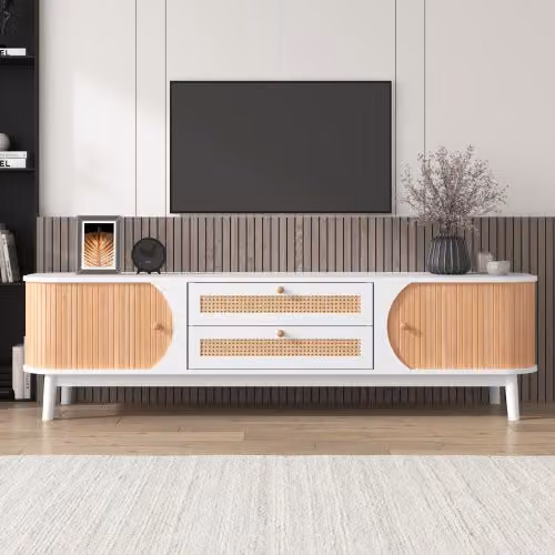 Mobile TV Rustico Aosom con Ante e Cassetti in Rattan, Colore Legno e Bianco, L: 170 cm, P: 39,5 cm, H: 46 cm – 1