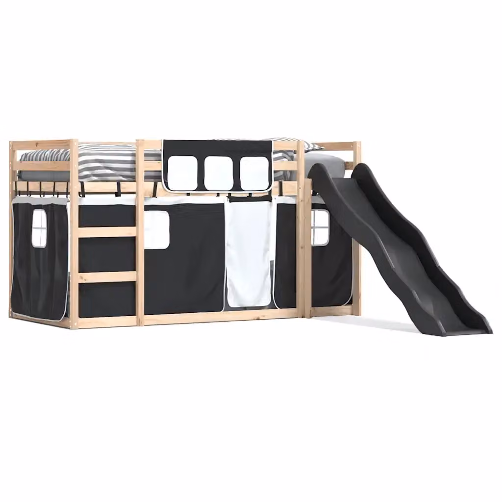 Letto a castello con scivolo e tende vidaXL in legno di pino per bambini Bianco, Nero e Antracite L/P/H: 200 x 80 x 113 cm – 2