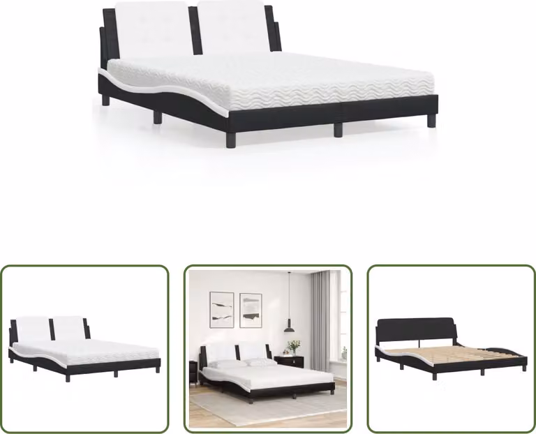 The Living Store Letto con materasso bianco e nero 160x200 cm in ecopelle