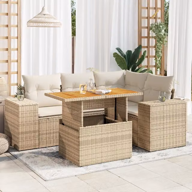 Set Divano da Giardino a L con Tavolino vidaXL, 5 Pezzi in Polyrattan e Legno di Acacia, Colore Beige e Bianco