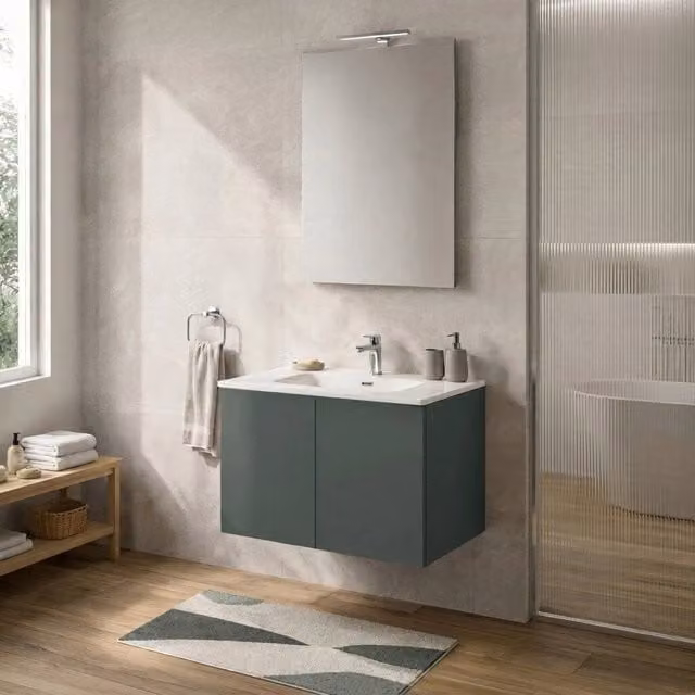 Mobile bagno sospeso Tierra INBAGNO verde con due ante e lavabo L: 70 cm, P: 45 cm, H: 50 cm