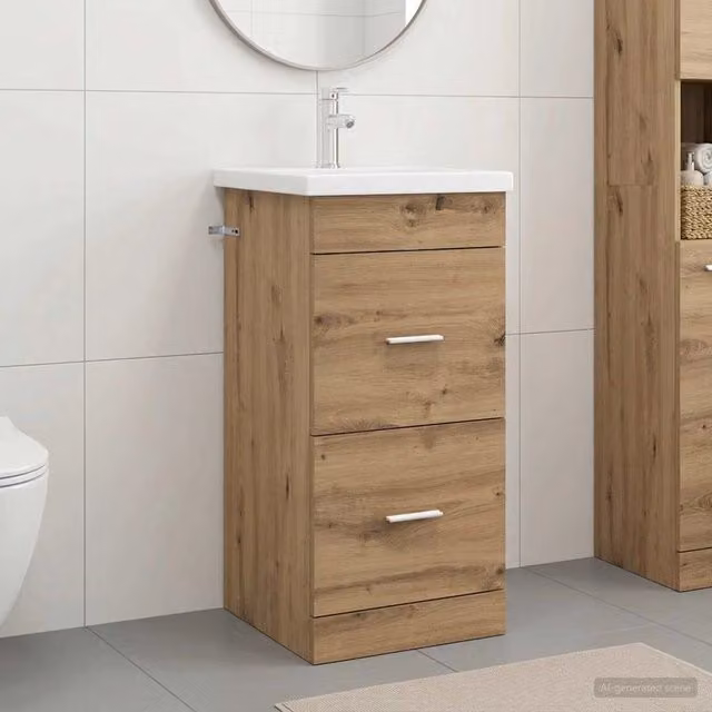 Mobile da bagno moderno vidaXL in legno color rovere con cassetti e ante, L/P/H: 42 x 40 x 84,5 cm