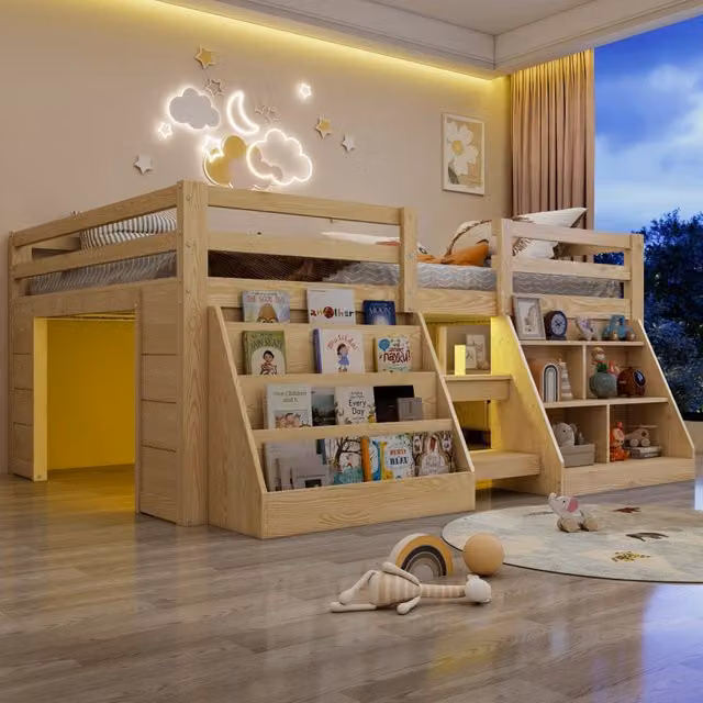 Letto rialzato a mezza altezza 140 x 200 cm; ripiani contenitore; barriera di sicurezza; scala; striscia LED; struttura in pino; naturale