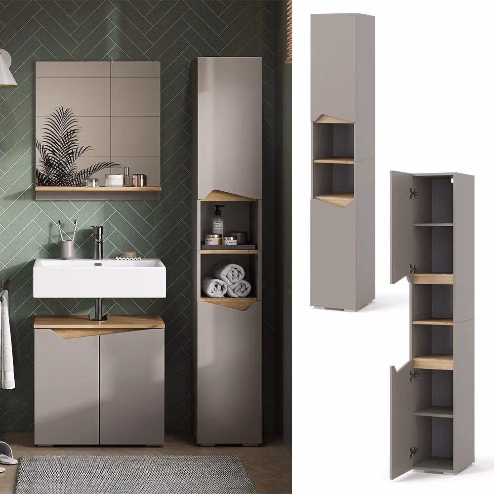 Armadio da bagno Vicco Marelle Grigio e Rovere con ante e vani aperti L: 30 cm, H: 180 cm – 2