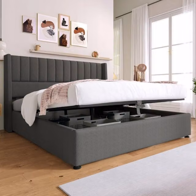 Letto matrimoniale 180x200 - Xylo - Con sistema idraulico e rivestimento in lino grigio