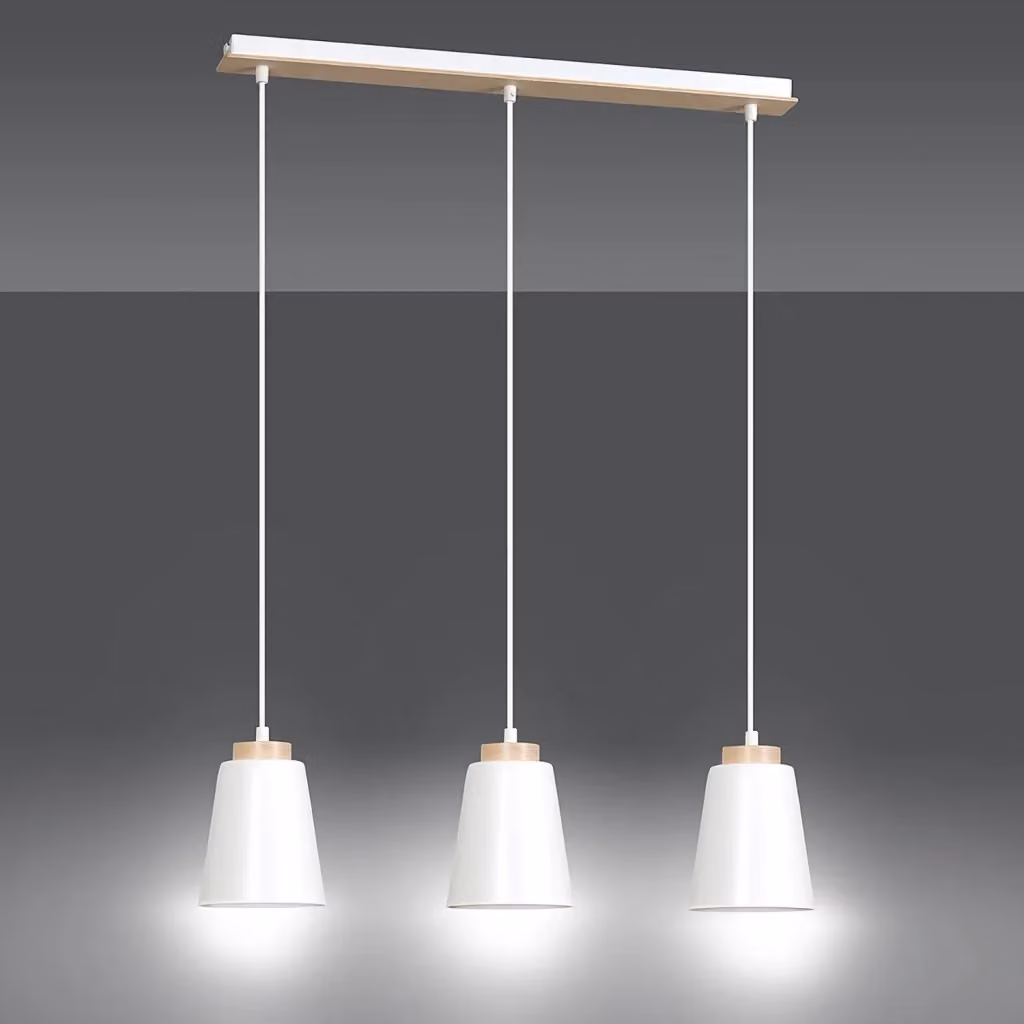 Lampadario a soffitto Du Lac Luceart-Classic con 3 luci e paralumi a cono in acciaio bianco e legno naturale – 2